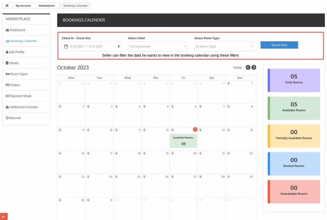 Screenshot of the booking system