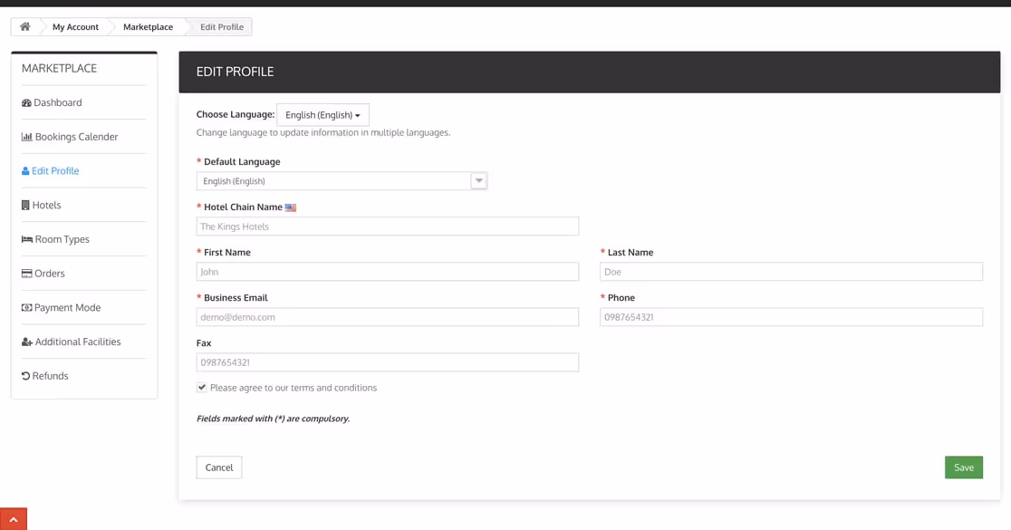 Screenshot of the booking system