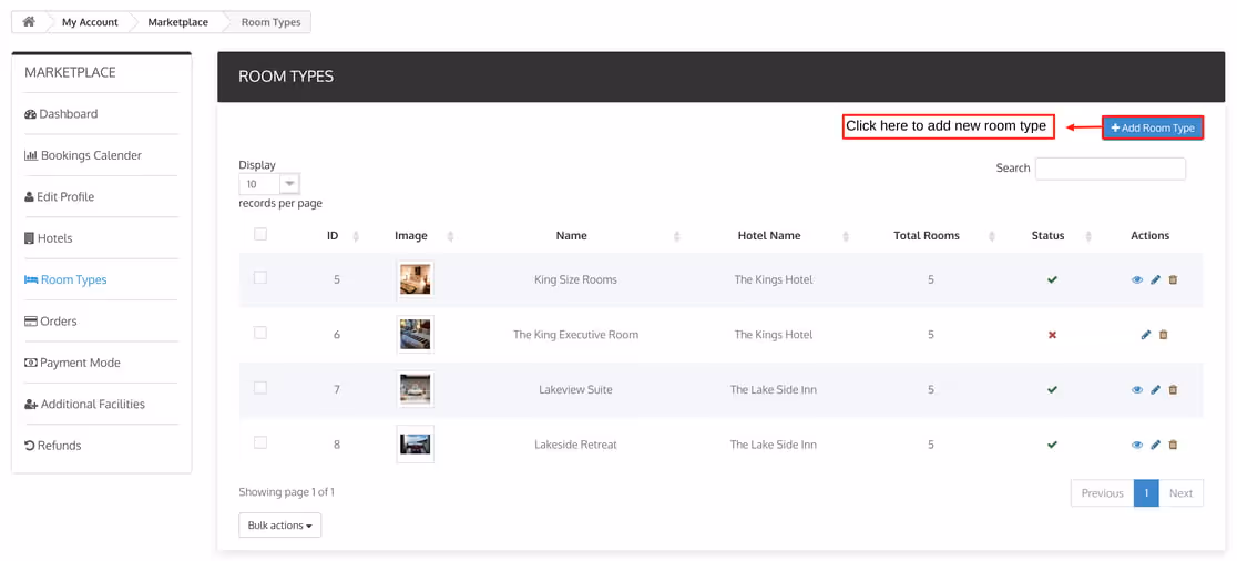 Screenshot of the booking system