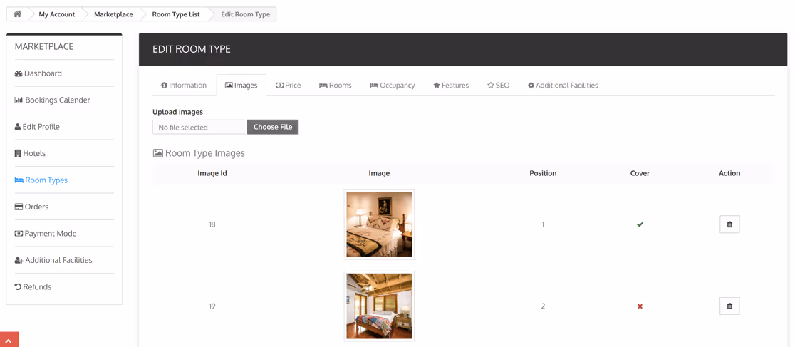 Screenshot of the booking system