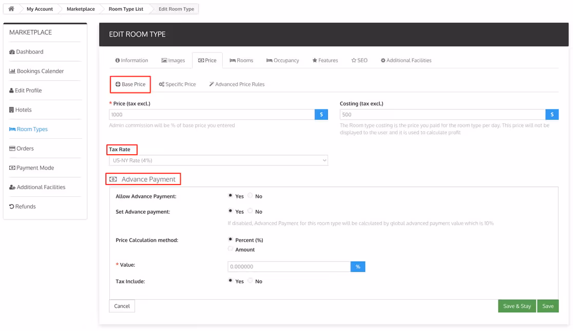 Screenshot of the booking system