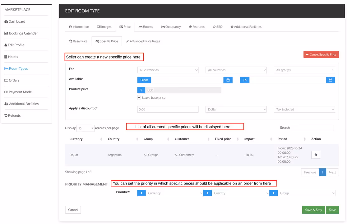 Screenshot of the booking system