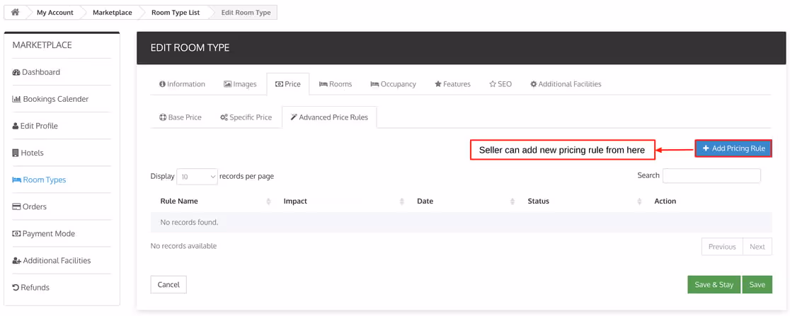 Screenshot of the booking system