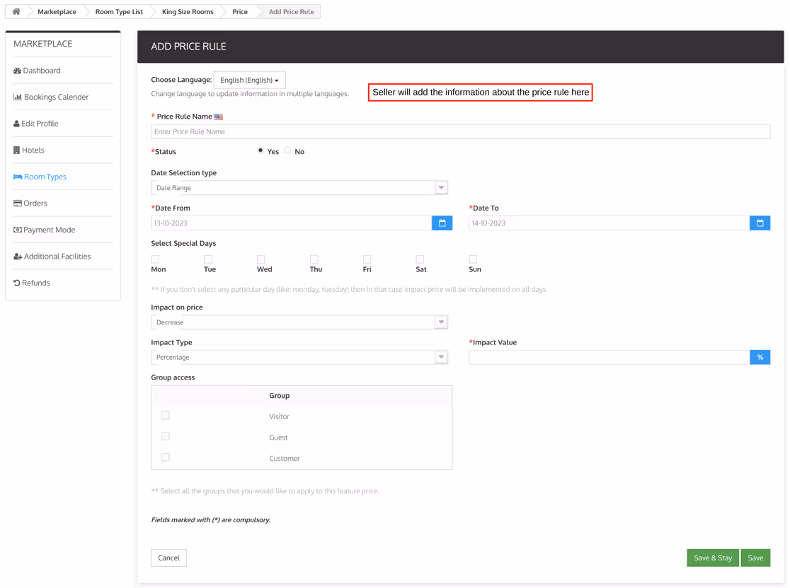 Screenshot of the booking system