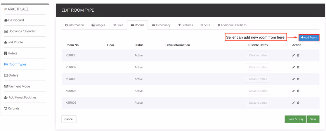 Screenshot of the booking system