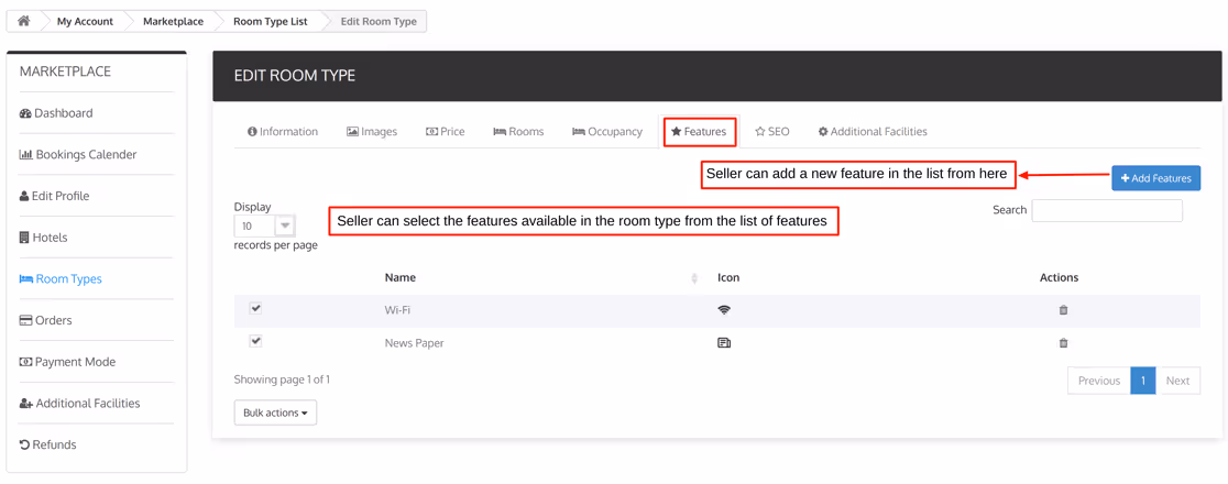 Screenshot of the booking system