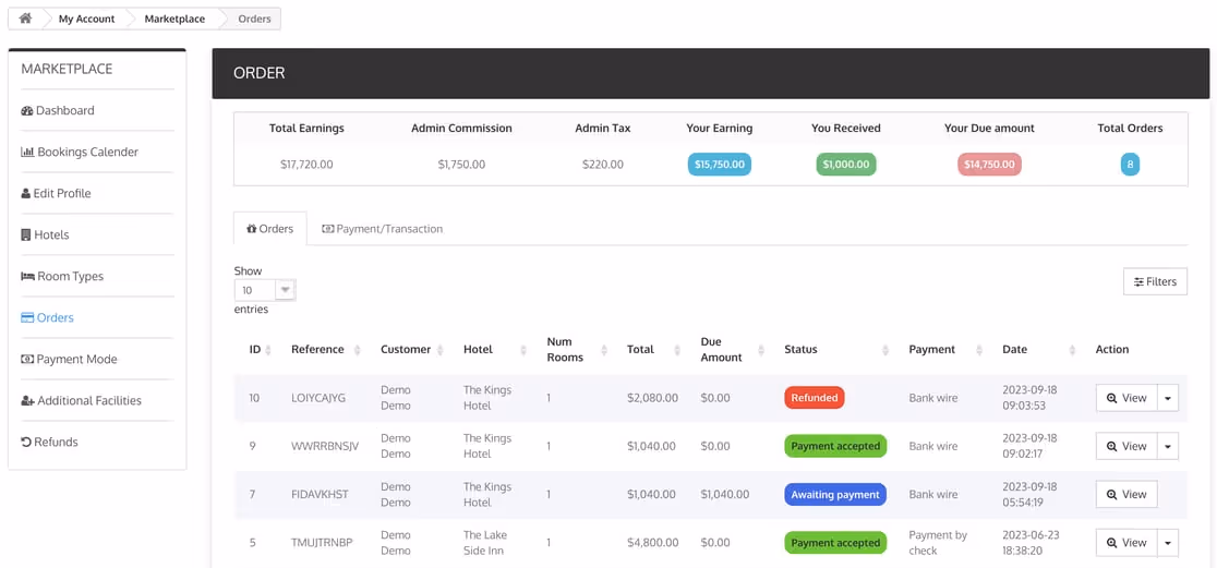 Screenshot of the booking system
