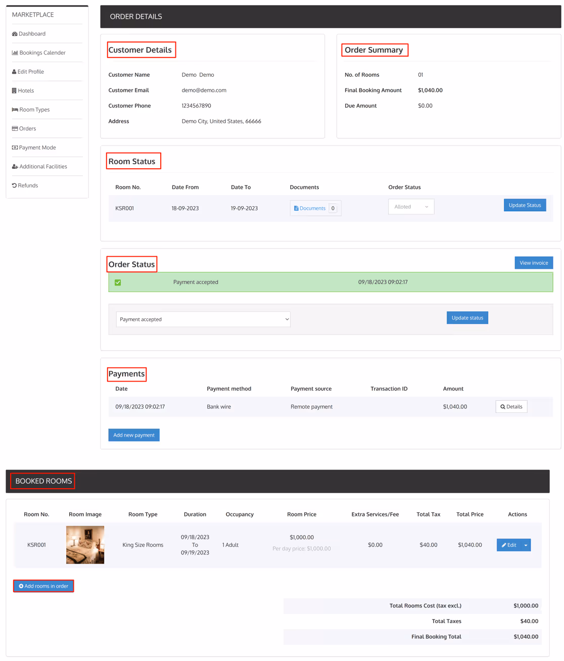 Screenshot of the booking system