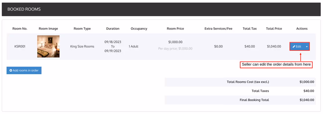 Screenshot of the booking system