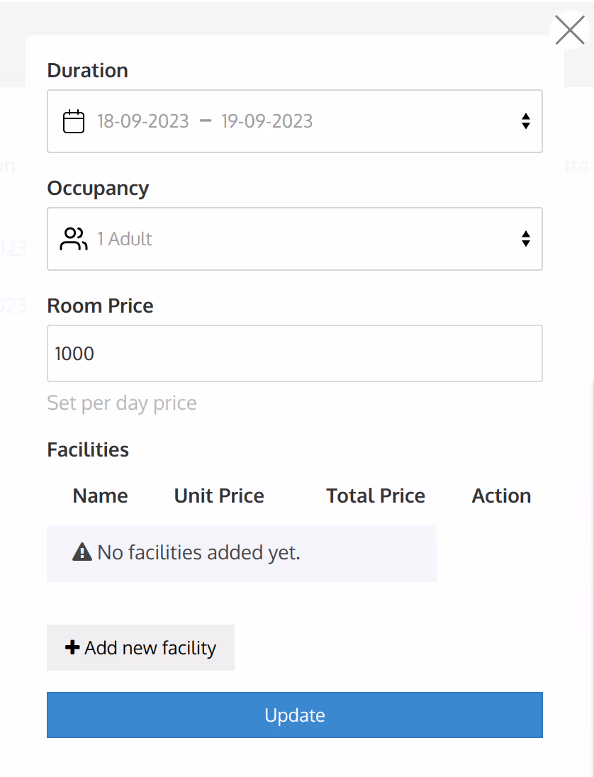 Screenshot of the booking system
