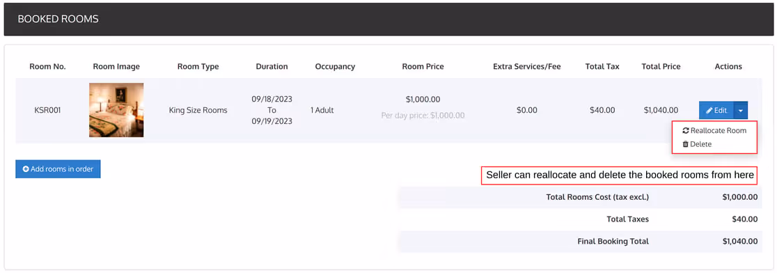 Screenshot of the booking system