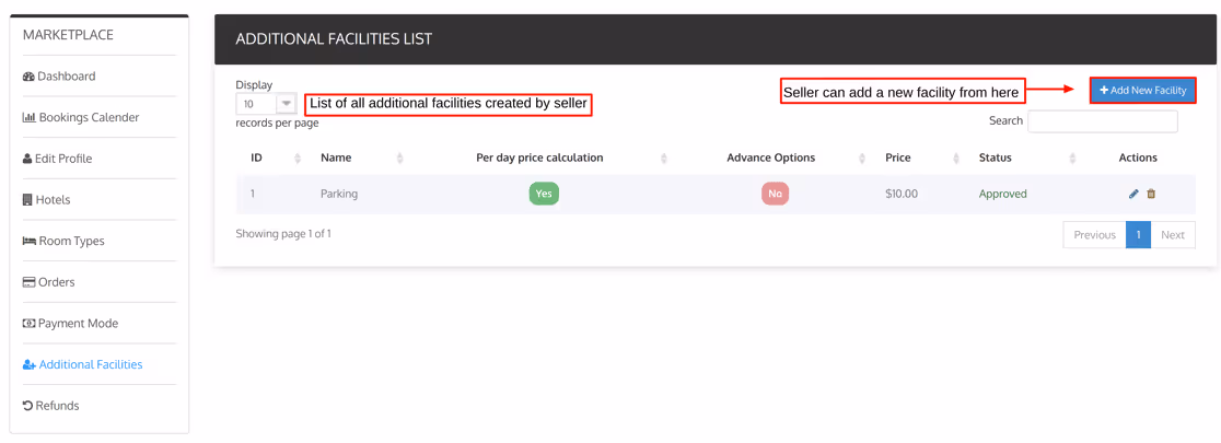 Screenshot of the booking system
