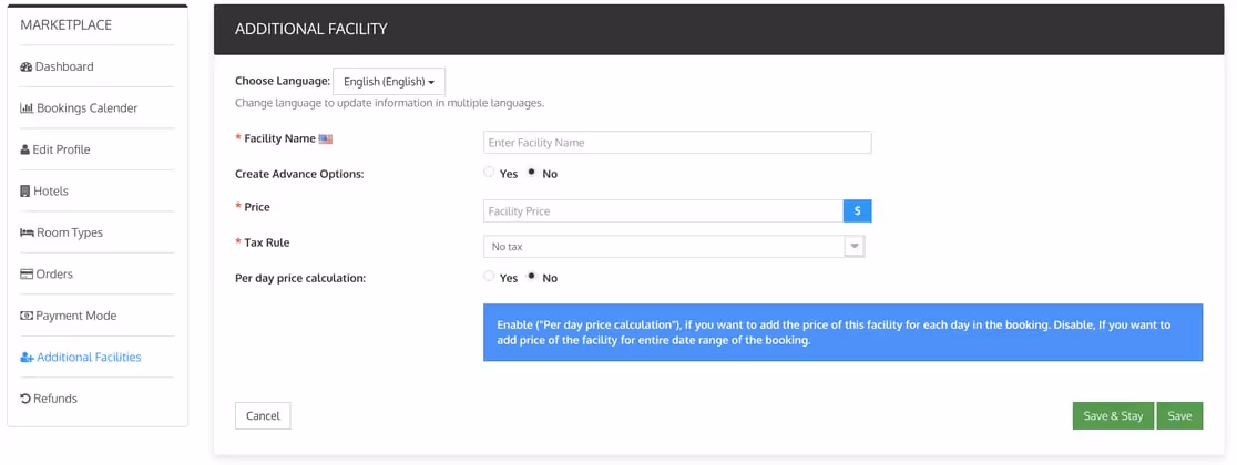 Screenshot of the booking system