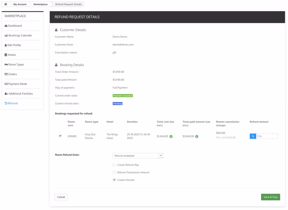 Screenshot of the booking system