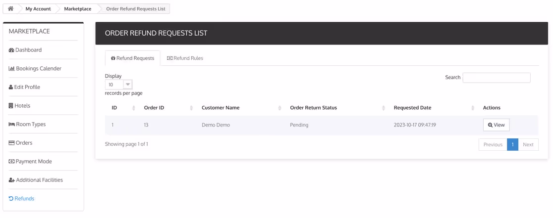 Screenshot of the booking system