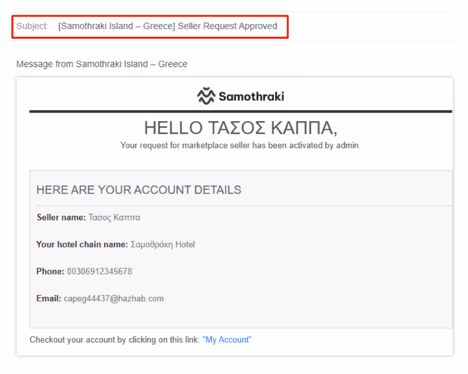 Email notification from Samothraki Island – Greece confirming seller request approval with account details including seller name, hotel chain name, phone number, and email.