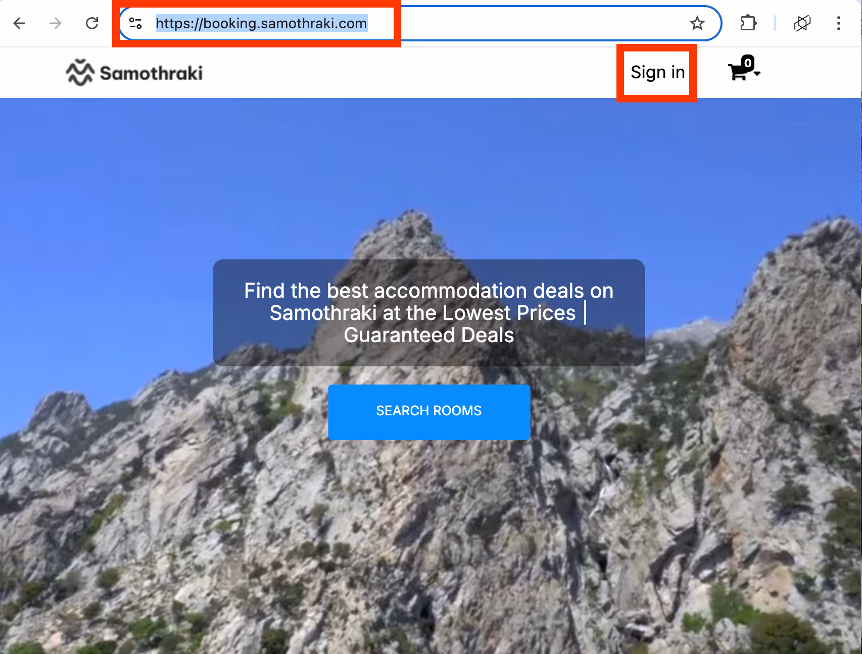 Booking website homepage for Samothraki showing rocky mountain background, search rooms button, and sign in option.
