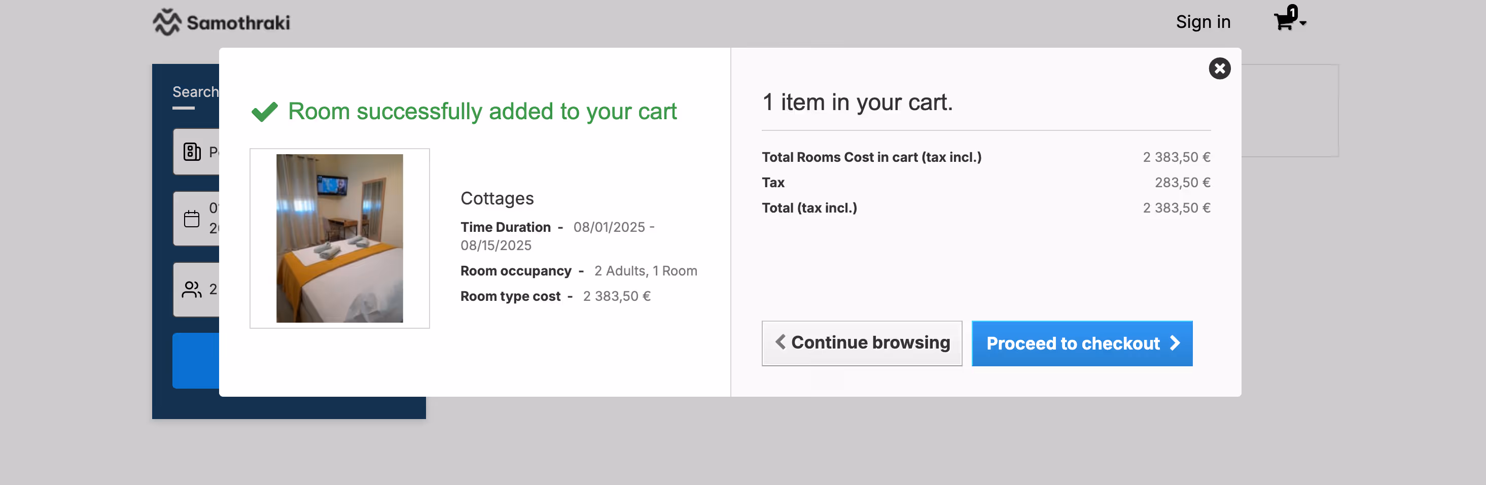 Booking confirmation showing a cottage room successfully added to the cart for 2 adults from August 1 to August 15, 2025, with a total cost of 2,383.50 euros including tax.