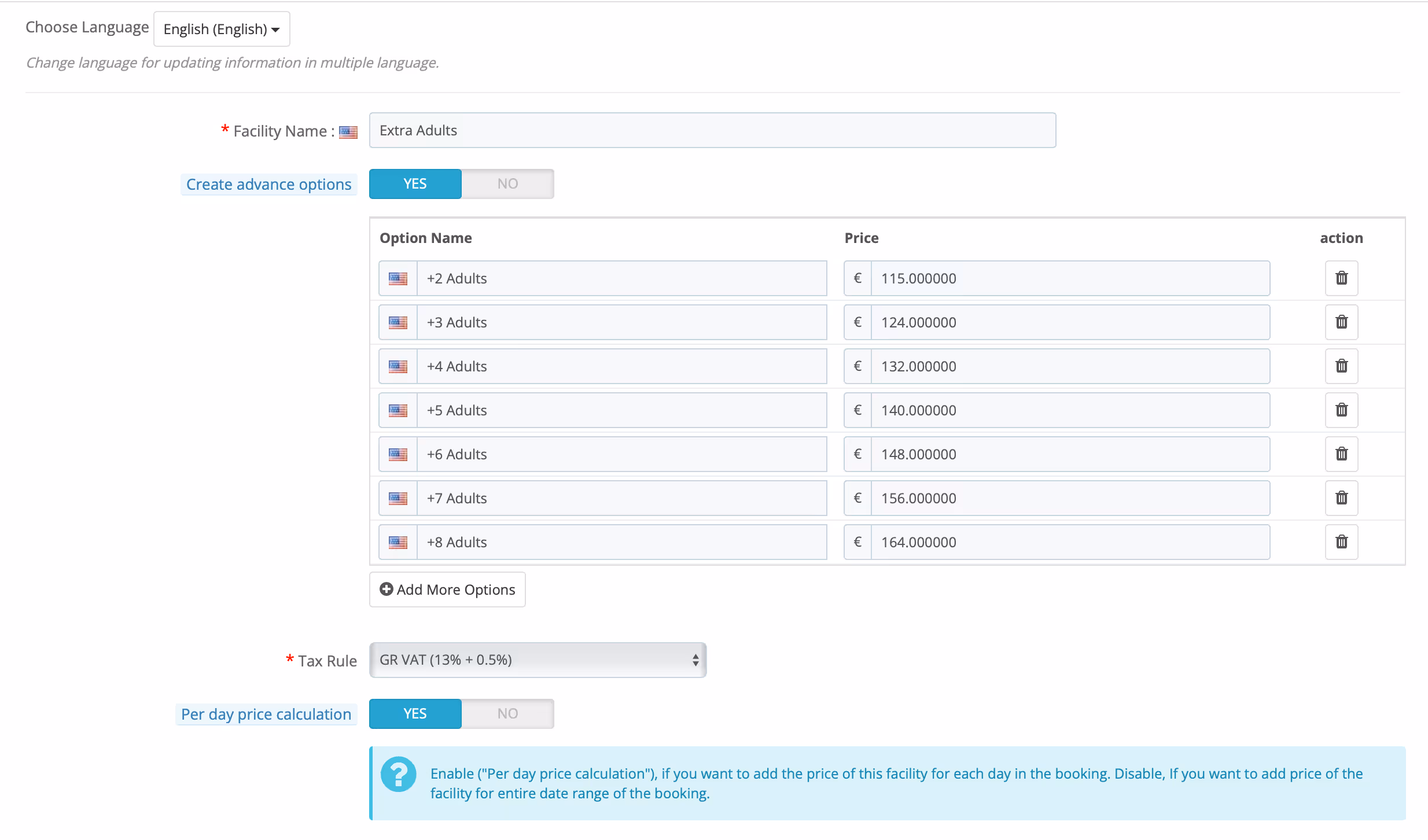 Interface for setting extra adults facility with options for 2 to 8 adults and corresponding prices in euros, tax rule selection, and toggles for advanced options and per day price calculation.