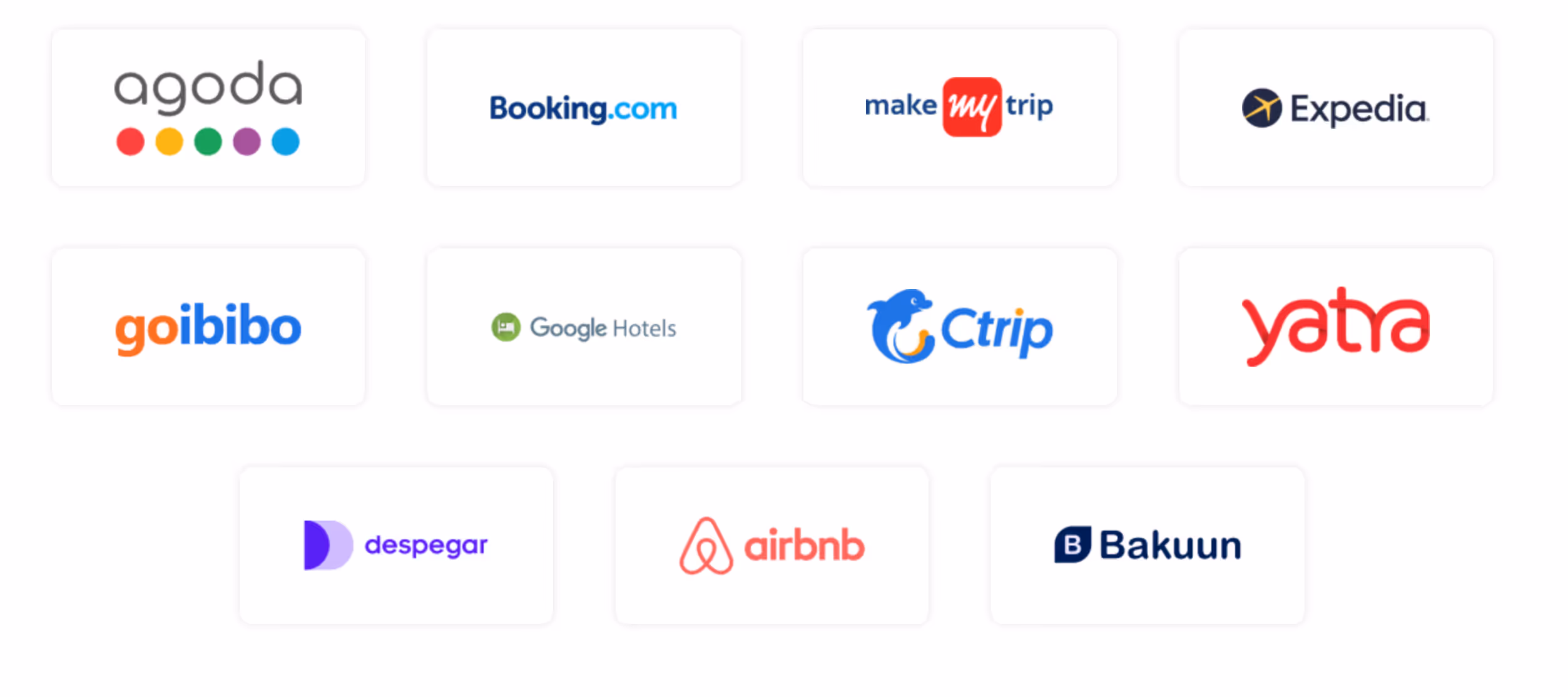 Logos of popular travel booking platforms including Agoda, Booking.com, MakeMyTrip, Expedia, Goibibo, Google Hotels, Ctrip, Yatra, Despegar, Airbnb, and Bakuun arranged in a grid.