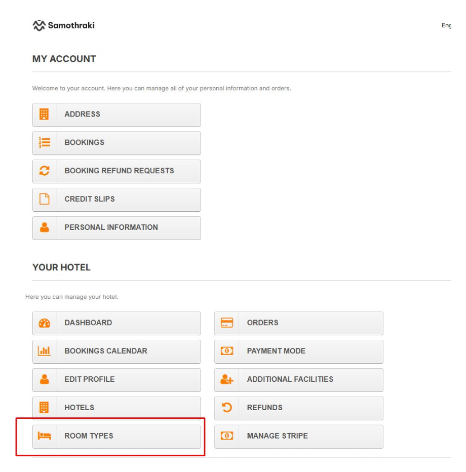User account dashboard with sections for managing personal information, bookings, and hotel management including options like room types, orders, and payment mode.