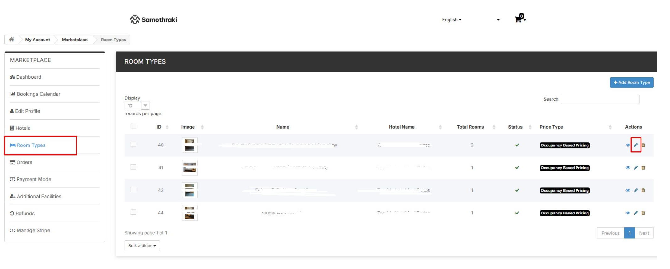 Webpage showing room types in a marketplace section with a table listing IDs, images, names, hotel names, total rooms, status, price types, and action icons including edit and delete.