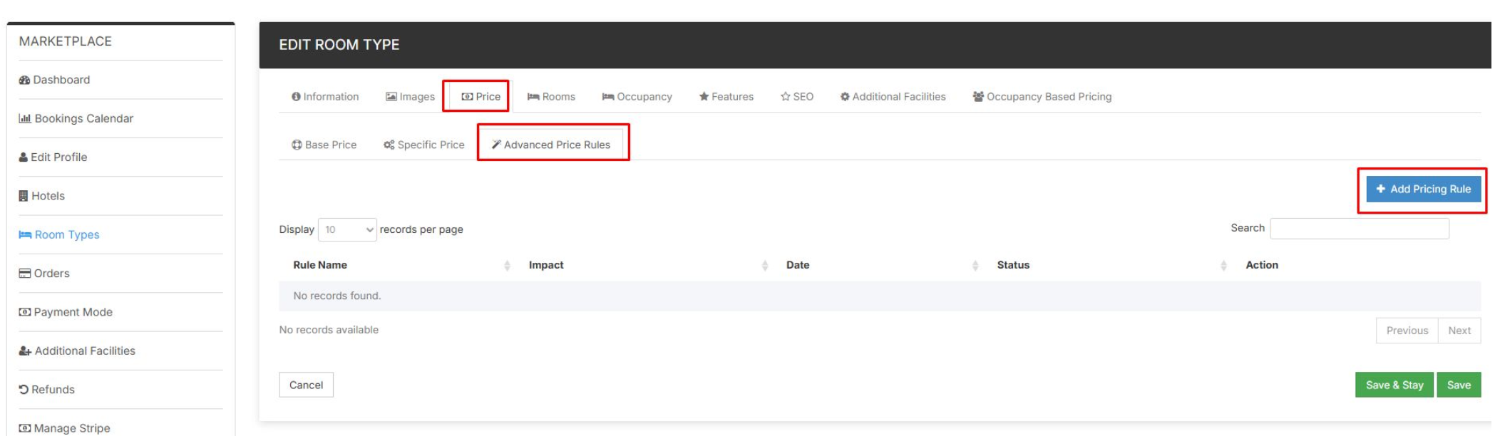 Web interface for editing room type pricing with tabs for Information, Images, Price, Rooms, Occupancy, Features, SEO, and more; section shows 'Advanced Price Rules' with no records and a blue button labeled 'Add Pricing Rule'.