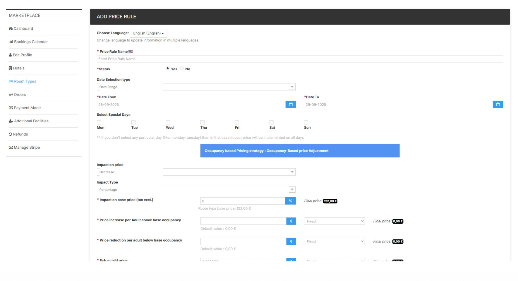 Interface for adding a price rule with fields for language selection, price rule name, status, date range, special days, and pricing adjustments based on occupancy and extra child price.
