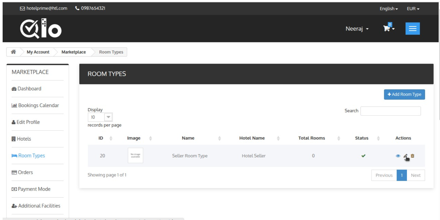 Dashboard interface showing marketplace room types with one entry: ID 20, no image available, name Seller Room Type, hotel name Hotel Seller, total rooms 0, active status, and action icons for view, edit, and delete.