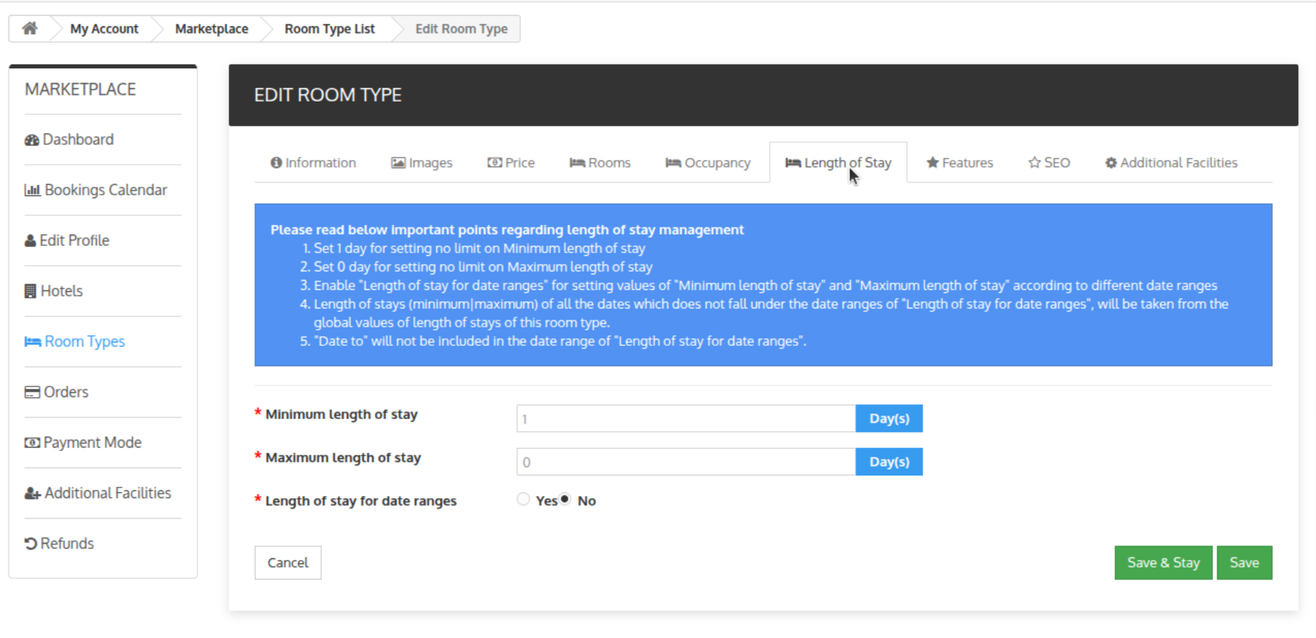 User interface for editing room type settings showing Length of Stay tab with minimum and maximum length of stay input fields and options for date range length management.