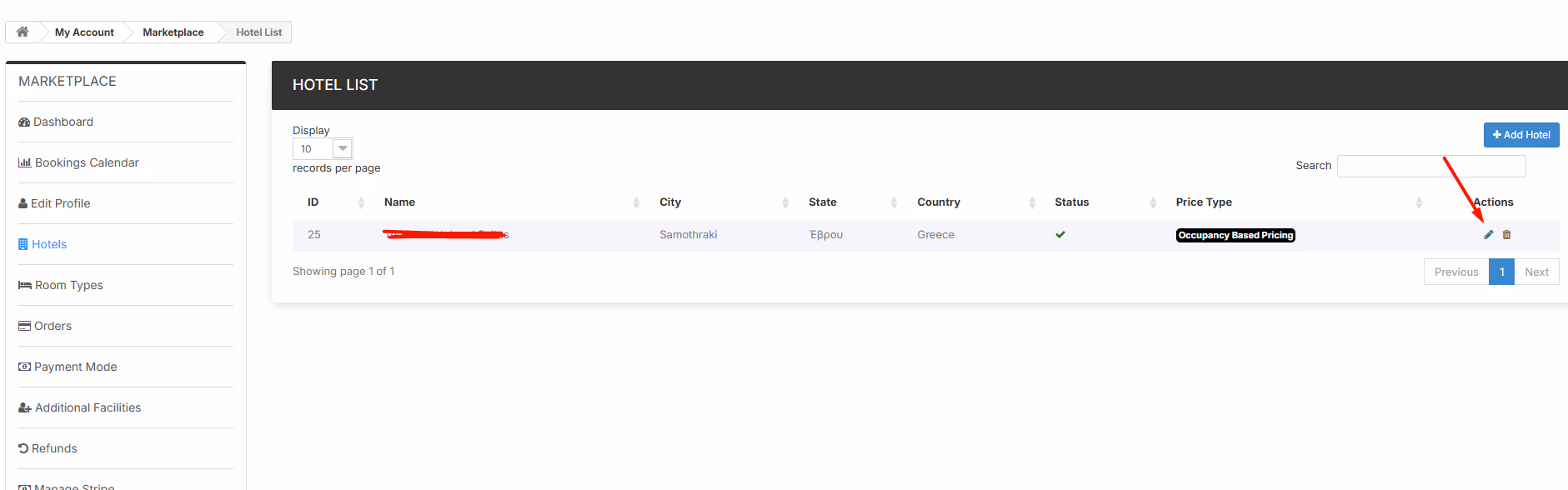 Hotel list webpage showing one hotel in Samothraki, Greece with options to edit or delete in the Actions column.