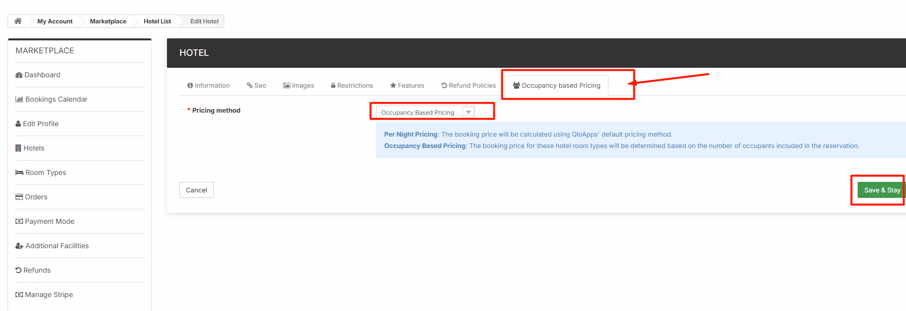 Hotel management dashboard showing Occupancy Based Pricing tab selected with pricing method dropdown and Save & Stay button.