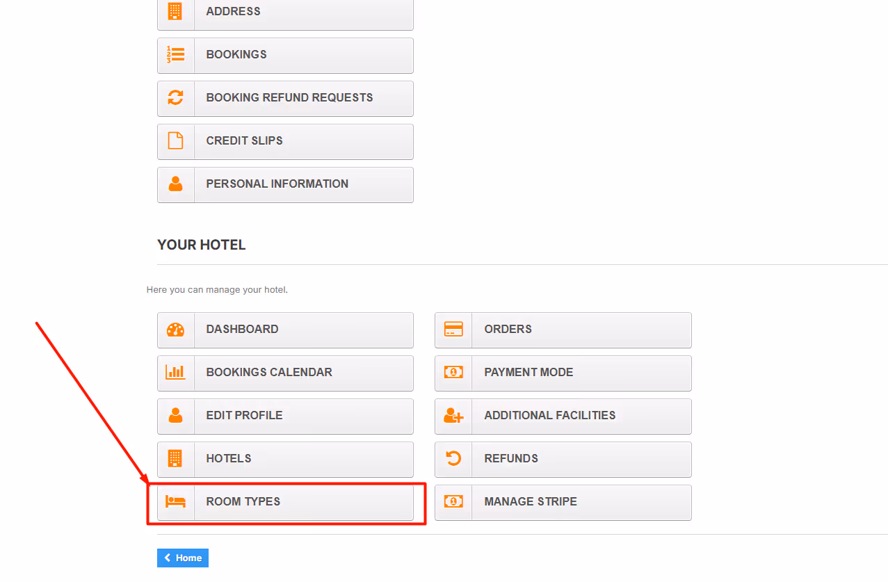 User interface showing hotel management options with a red arrow pointing to the 'Room Types' button highlighted by a red box.