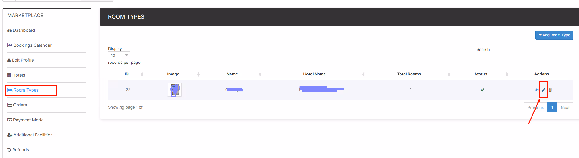 User interface page showing a 'Room Types' section with a table listing room details including ID, image, name, hotel name, total rooms, status, and actions with highlighted edit icon and sidebar menu.