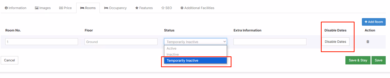 User interface for managing room details with fields for Room No., Floor, Status dropdown set to Temporarily Inactive, Extra Information, Disable Dates button, and Save options.