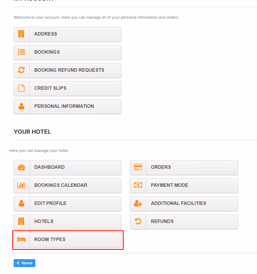 User account interface with sections for managing personal information, bookings, refunds, and hotel management options including dashboard, bookings calendar, orders, payment mode, and room types highlighted.