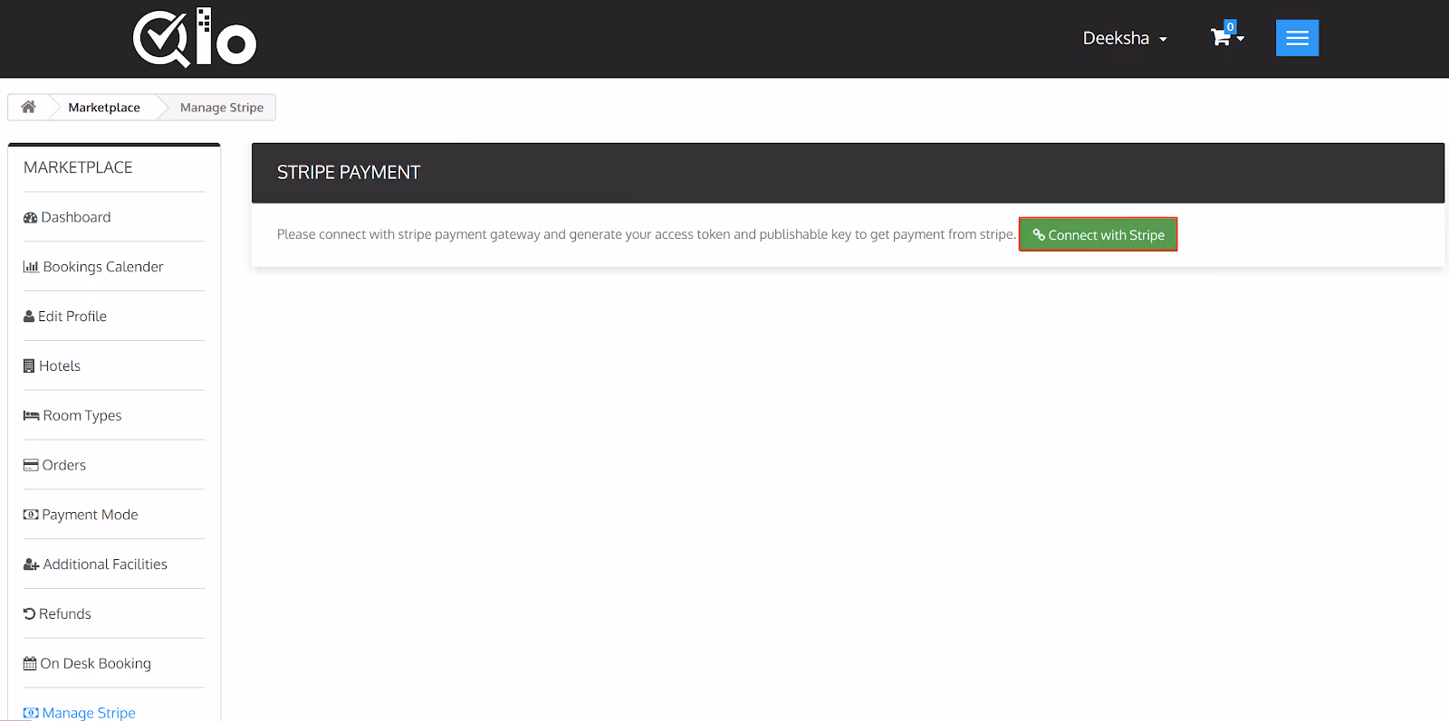Webpage showing Stripe payment setup with a green 'Connect with Stripe' button and a sidebar menu including Dashboard, Bookings Calendar, Edit Profile, Hotels, Room Types, Orders, Payment Mode, Additional Facilities, Refunds, and On Desk Booking.