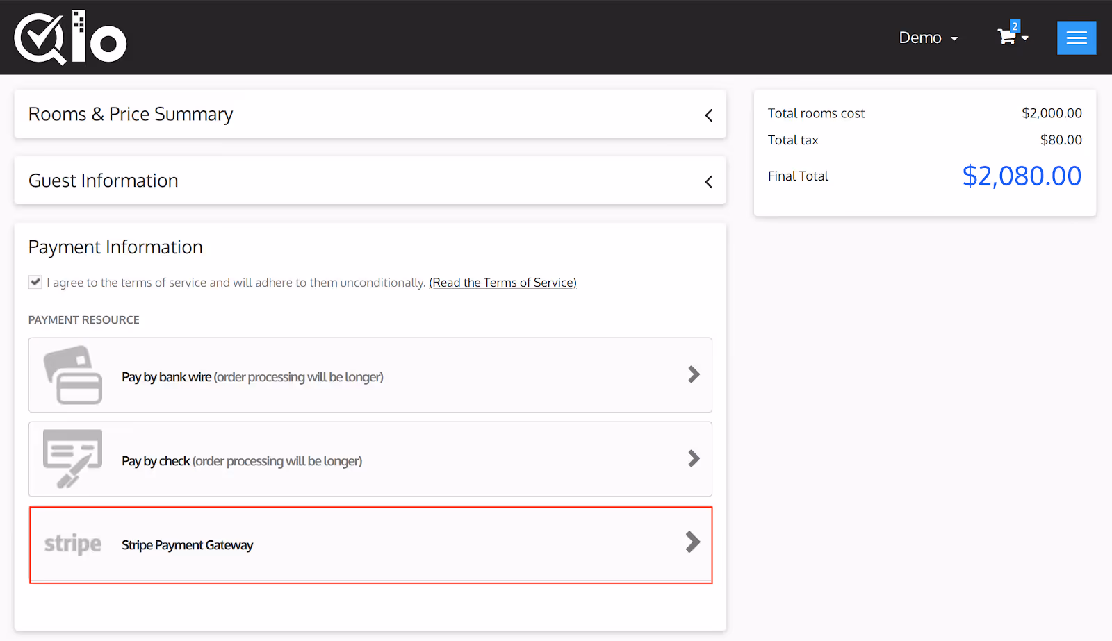 Online payment form showing options to pay by bank wire, check, or Stripe Payment Gateway with total cost $2,080 including tax.
