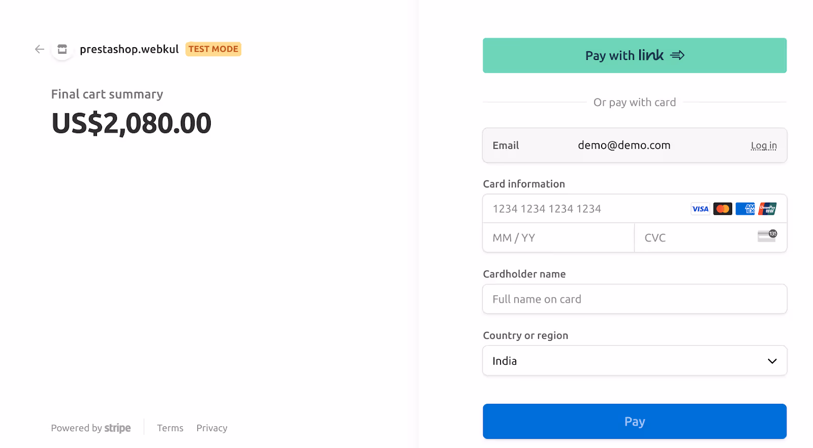 Online payment page showing a final cart summary of US$2,080.00 with options to pay via link or credit card including fields for email, card information, cardholder name, country, and a blue Pay button.