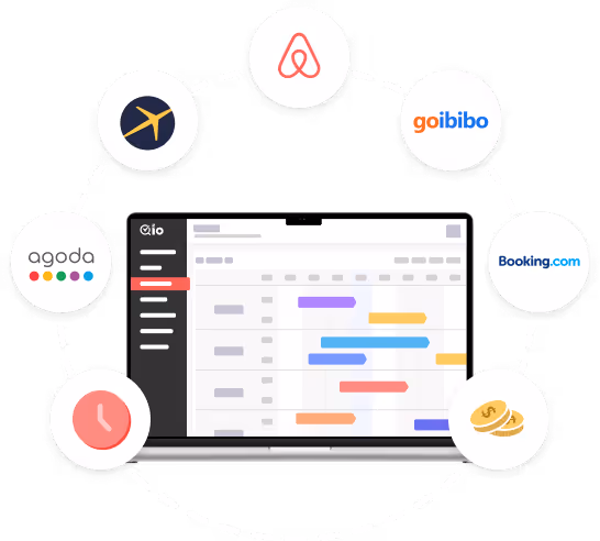 Laptop screen displaying a scheduling or booking interface surrounded by logos of travel and accommodation platforms including Airbnb, Goibibo, Booking.com, Agoda, and an airplane icon.